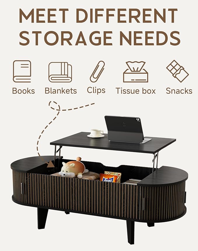 47.2" Oval Lift Top Coffee Table with Storage, Wood Fluted Coffee Table with 180° Sliding Tambour Door, Mid Century Modern Center Table for Living Room, Office, Black