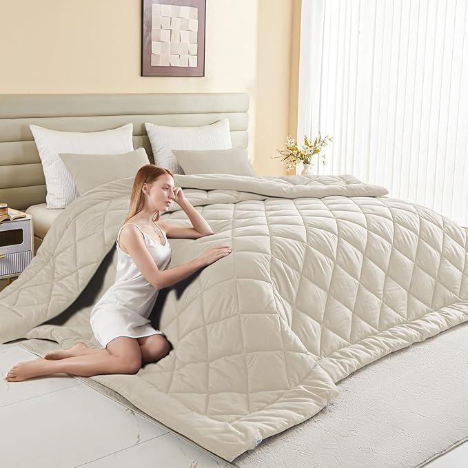 132x120 Alaskan King Comforter, Extra Large King Size Comforter Oversized, All Season Soft Lightweight Quilt Down Alternative Duvet Insert with 8 Corner Tabs(120x132, Beige)