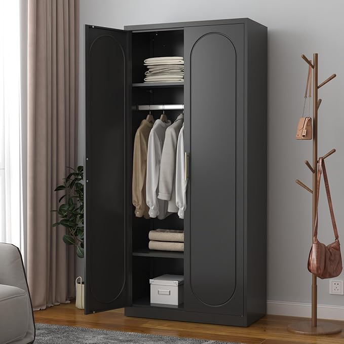SteeLoong 71" Metal Armoire Wardrobe Closet with Doors,Tall Clothing Storage Cabinet with Adjustable Shelves and Hanging Rod,Black Wardrobe Closet for Bedroom,Home,Office,Gym
