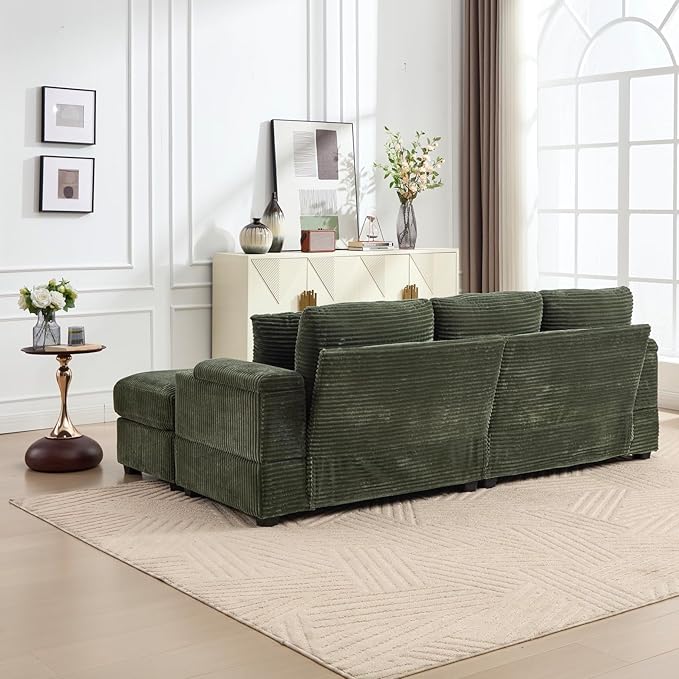 KEIKI Combination Sofa Bed Set, 4 Seat Chaise Lounge Sofa with Armrest Storage, Cupholders, USB, Deep Seat Couch Reading Chairs for Living Room, Green