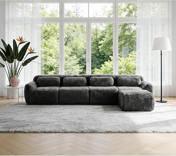 149" L-Shaped Boneless Modular Sofa, Plush Foam Lounge Couch, 32D High Density Sponge, Plush Convertible Sofa Set Deep Seat Couches for Living Room, Bedroom and Apartment, Dark Grey