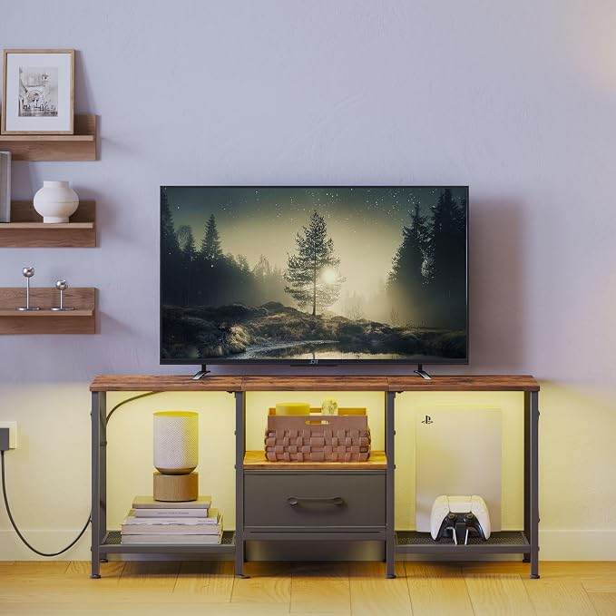 JARHETUN LED TV Stand with Fabric Drawer, Entertainment Center for 50 55 Inch TV, Industrial TV Console Table with Open Storage Shelves for Living Room, Bedroom, Rustic Brown - Image 8