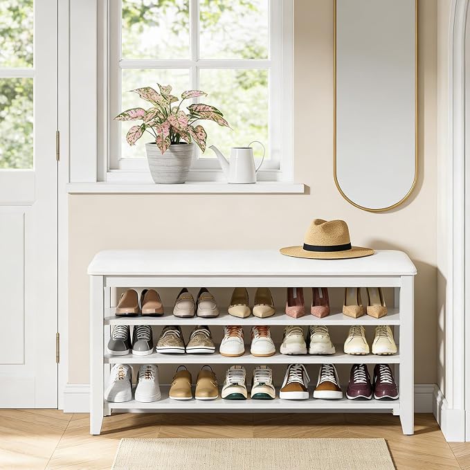 Shoe Rack Bench Entryway Storage with Leather Cushion, Shoe Organizer Bench for Entryway, Ideal for Front Doors Entrances Hallway Mudroom Featuring Rubberwood And 3 Height-Adjustable Removable Shelve - Image 9