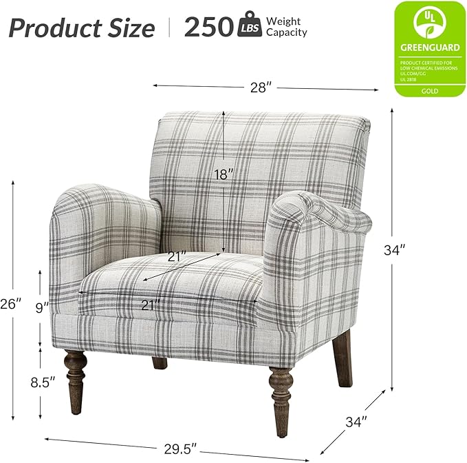 HULALA HOME Modern Accent Chair with Arms and Wooden Legs, Comfy Upholstered Armchair for Living Room, Bedroom (Plaid Pattern, Grey)