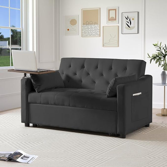 3-in-1 Convertible Loveseat Sleeper Sofa Bed with Adjustable Backrest (3 Positions) and 360° Swivel Side Table, Pull-Out Couch for Small Apartments & Guest Rooms, Jet Black