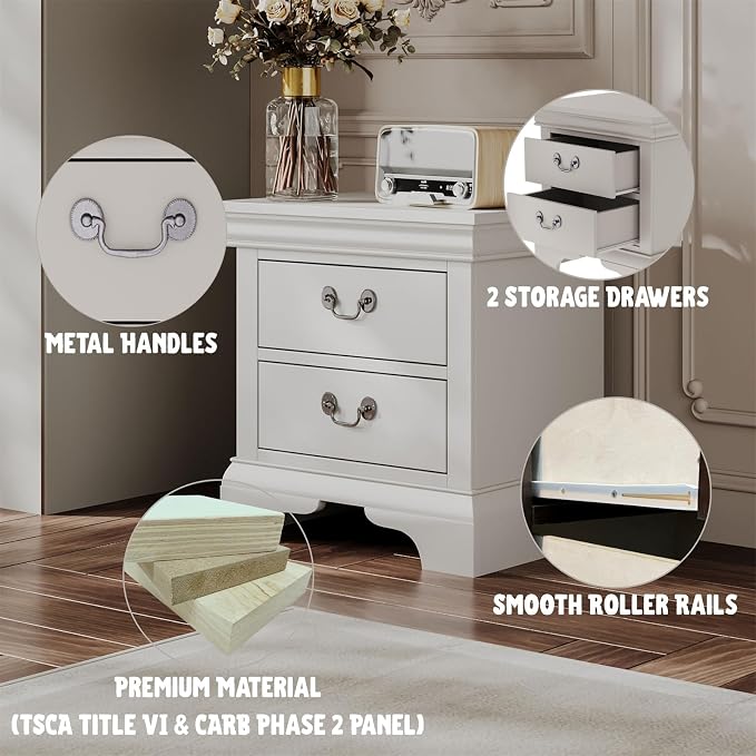 Henf Nightstand with 2 Drawers Traditional Side Table for Small Space, Bedside Table with Metal Ring Handle, Small Wooden Night Stand for Bedroom Furniture, White - Image 3