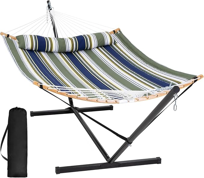 SUNCREAT Hammocks for Outside with Stand Included, Double Hammock with Curved Spreader Bar, Carrying Bag, Dark Green Stripes by SUNCREAT