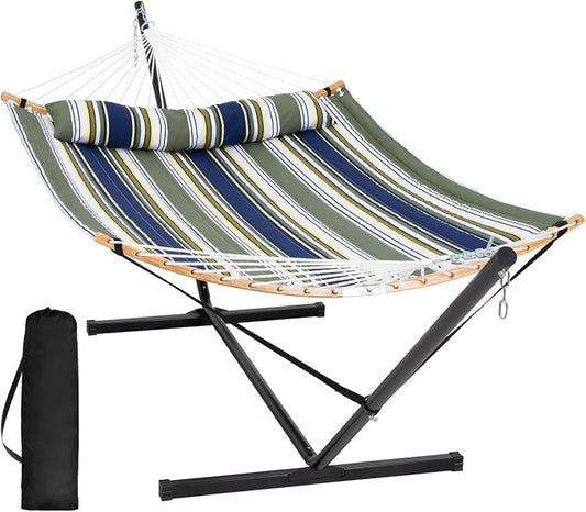 SUNCREAT Hammocks for Outside with Stand Included, Double Hammock with Curved Spreader Bar, Carrying Bag, Dark Green Stripes by SUNCREAT