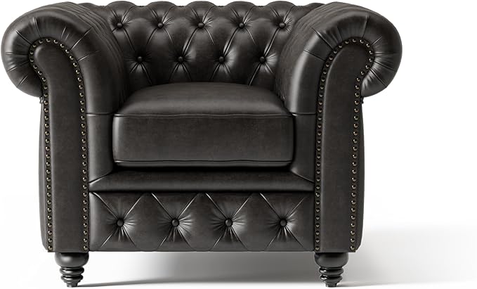 Valencia Parma Chesterfield Chair 45" | Premium Full-Aniline Leather | Mid-Century Accent Chair with Classic Button Tufted Back and Wood Legs for Living Room, Black