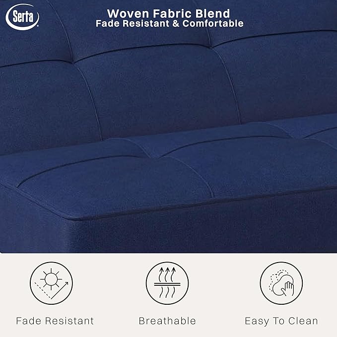 Serta® Rane Futon Sofa Bed 66.1", 3-in-1 Convertible Couch Sleeper for Small Spaces, Tufted Back, Twin Size Guest Bed, Blue Woven Fabric