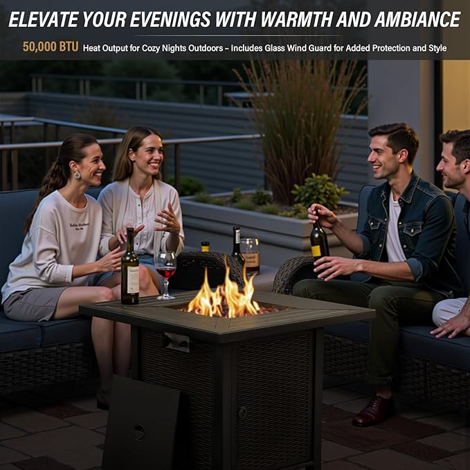 Belord 5 Pieces Patio Furniture Set with 50000 BTU Propane Fire Pit Table, All-Weather Patio Rocking Chairs, Loveseat Glider and Side Table for Outdoor Conversation Deck Backyard Poolside Black