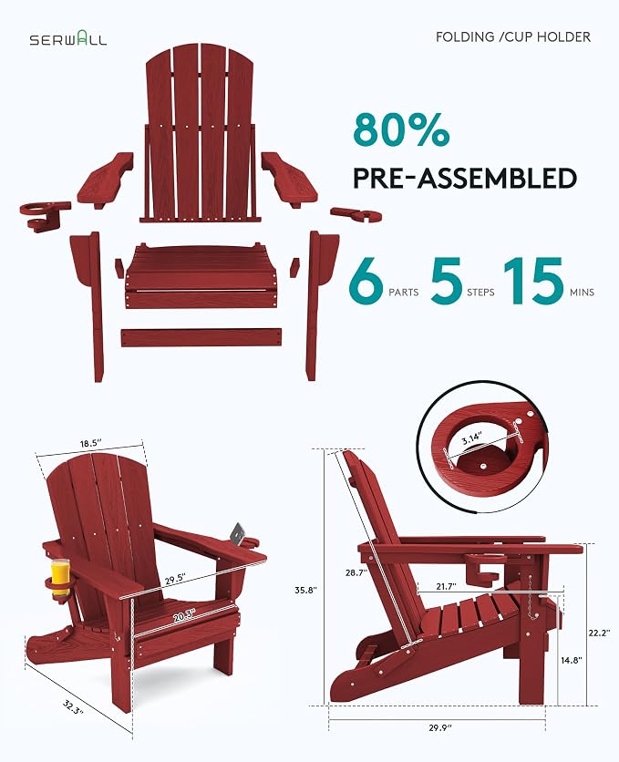 SERWALL Adirondack Chair with Cup Holders - Composite Adirondack Chairs Set of 2 HDPE Outdoor Chairs All Weather Use- Dark Red - Image 4