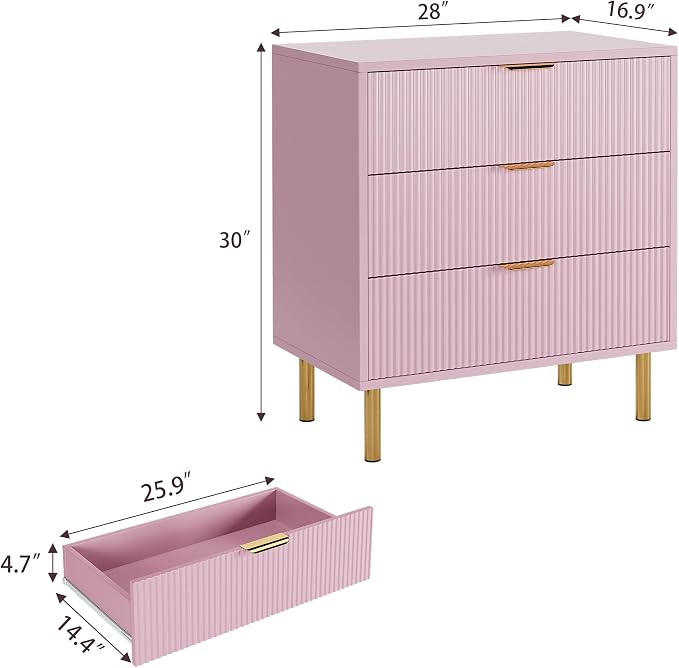 GarveeHome Pink Dresser, Modern 3 Drawer Dresser for Bedroom with Gold Handle and Large Drawer, Wood Double Chest of Drawers and Storage Organizer for Living Room, Hallway, Entryway - Image 2