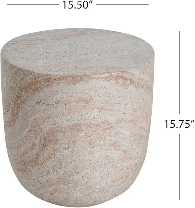 KEVINSPACE Small Side Coffee Table Outdoor MGO Round Travertine Finish End Living Room Accent Sofa Bedside Couch Table Bedroom Apartment Indoor 15.5" W x15.75 H Lightweight Beige Concrete