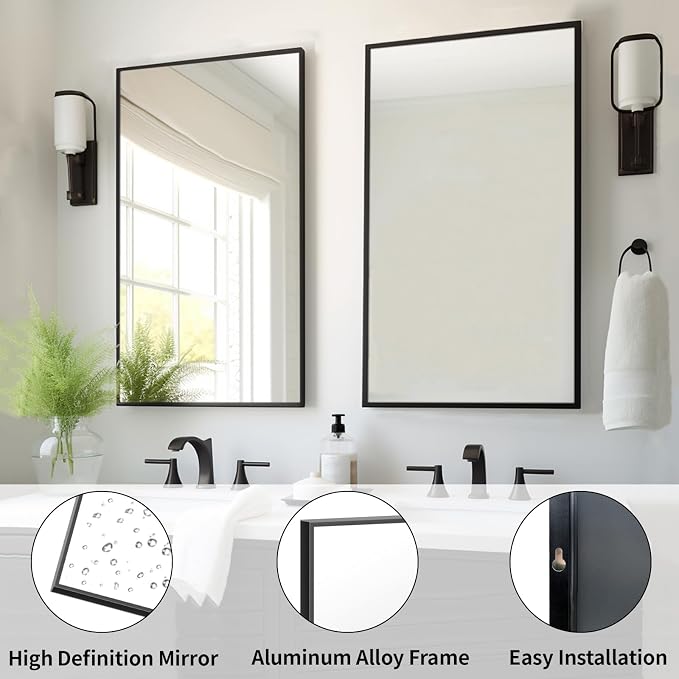 Sunniry Mirrors for Bathroom Sink, Black Frame Mirror 24x32 inch, Vanity Mirrors with Aluminum Metal Frame for Bathroom, Farmhouse, Hallway, Living Room. - Image 2