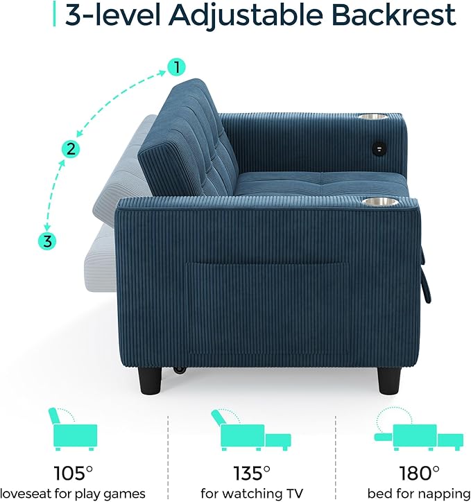 LINSY Sleeper Sofa Bed, 54" Pull Out Couch with Charging Station & Cup Holder, Small 3 in 1 Convertible Loveseat Sleeper Couch for Apartment, Dorm Room, Bedroom and Small Space, Corduroy Blue