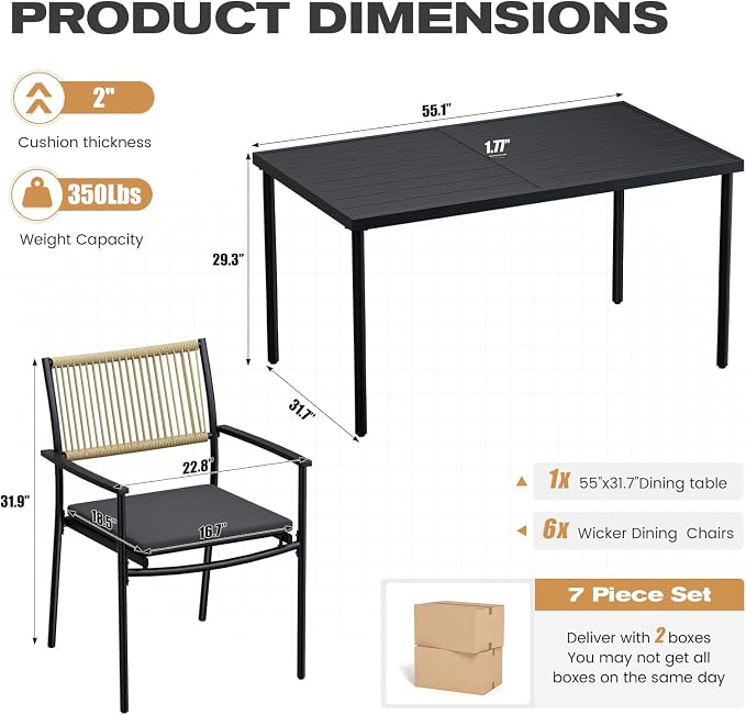 7 Pieces Outdoor Dining Set for 6, Large Steel Dining Table with Umbrella Hole, Wicker Patio Table and Rattan Chairs for Garden, Deck, Yard, Porch, Matte Metal Spray Coating Patio Dining Set, Black - Image 3