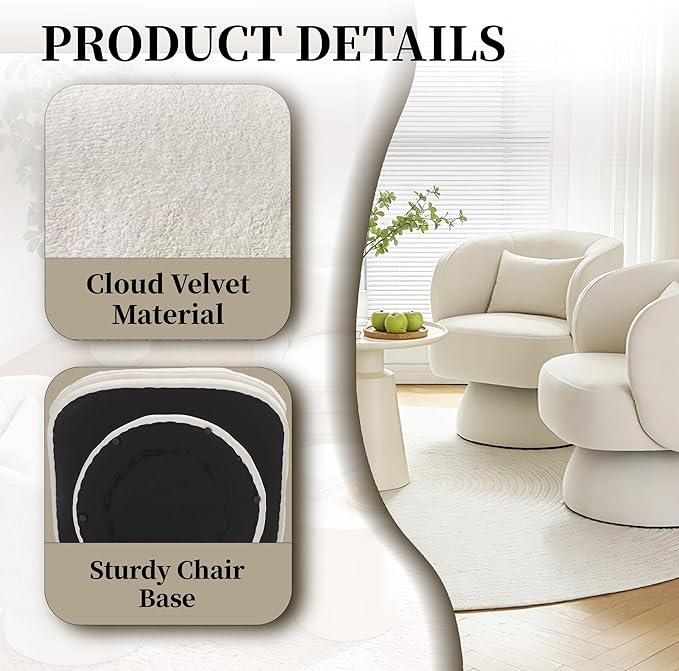 ClinQ Swivel Barrel Chair with Pillow Set of 2, Cloud Velvet Accent Chair, Upholstered Cuddle Reading Lounge Chair, 360° Modern Boucle Swivel Curved Armchair for Living Room, Bedroom, Office, White