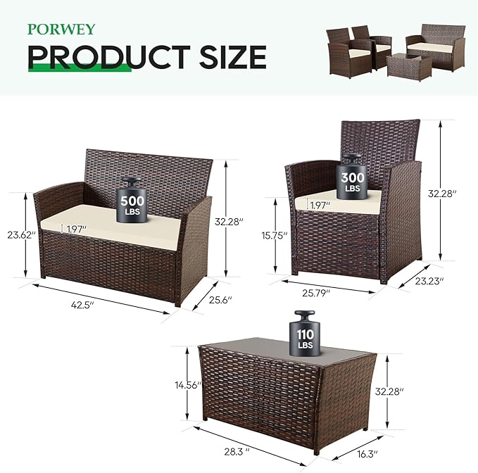 Patio Outdoor Furniture 4 Pieces Sectional Sofa Set Balcony Furniture Wicker Rattan Chairs with Table and Loveseat for Garden, Porch, Backyard, Brown Wicker/Beige Cushion