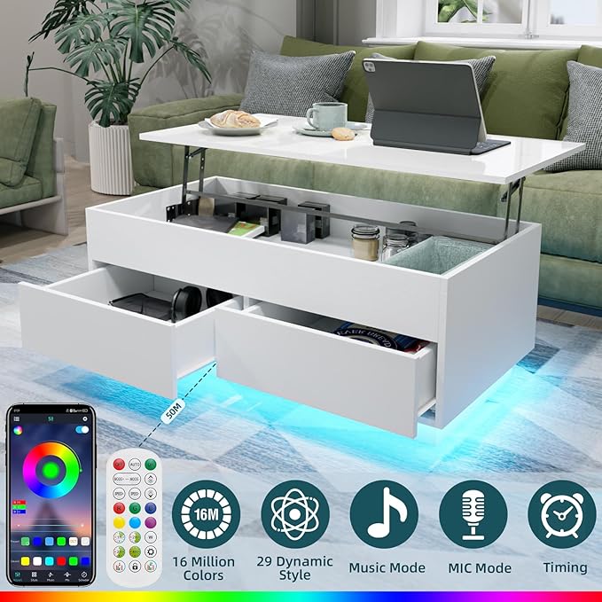 HOMMPA 40'' Lift Top Coffee Table, White With Storage for Living Room, LED Modern Design, 2 Drawers & Hidden Compartment