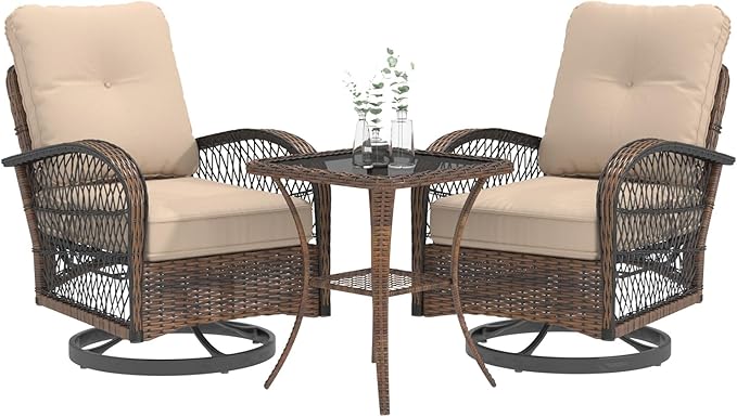 EROMMY 3 Pieces Patio Furniture Set, Outdoor Swivel Rocker Patio Chairs, Wicker Patio Bistro Set with Rocking Chair, Thickened Cushions and Glass Coffee Table for Backyard, Garden, Khaki