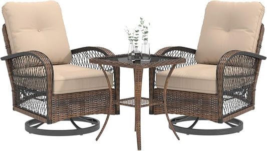 EROMMY 3 Pieces Patio Furniture Set, Outdoor Swivel Rocker Patio Chairs, Wicker Patio Bistro Set with Rocking Chair, Thickened Cushions and Glass Coffee Table for Backyard, Garden, Khaki