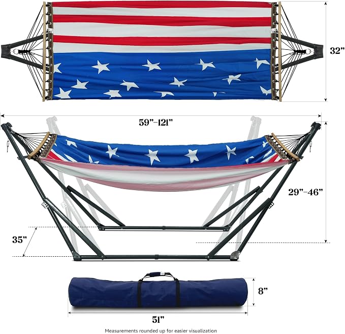 Tranquillo Sturdy Steel Hammock with Stand Premium Cotton Canvas Hammock, 600 lbs Capacity Hammock Stand Folding, Portable 30-Second Fold Unfold, for Camping, American Flag - Image 2