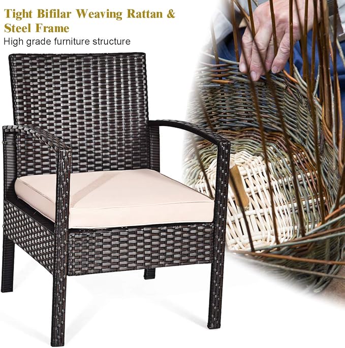 8 Pieces Patio Furniture Set, Wicker Conversation Set with Water-Resistant Cushion & Tempered Glass Table, 2 Set of Porch Deck Furniture Outdoor Rattan Chair for Backyard, Balcony(Beige)
