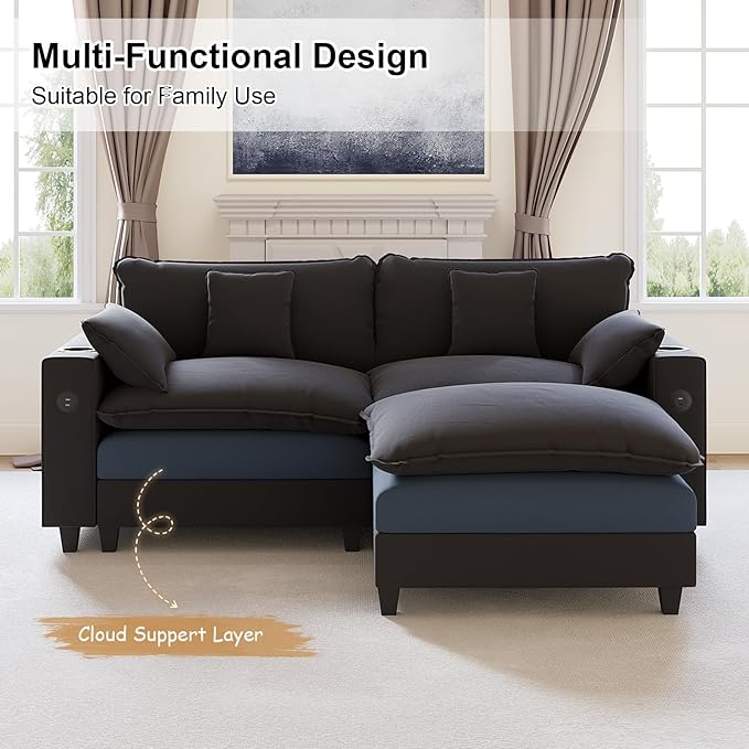 80.7" Modular Sectional Sofa, L Shaped Cloud Couch with Movable Ottoman, Chenille Deep Seat Cloud Sofa with Charging Station, Cup Holder, Side Pocket, Sectional Couches for Living Room, Black