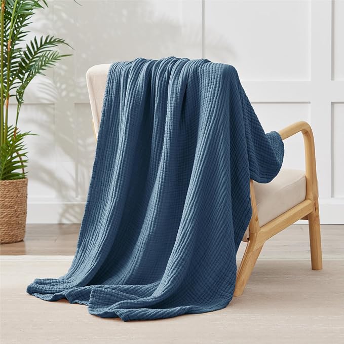100% Cotton Light Blue Throw Blanket 50" x 70", 6 Layers Large Breathable and Lightweight Cotton Blanket for Bed and Couch, Soft Quilt Bedspread, Gauze Blanket for Adults All Season, Blue