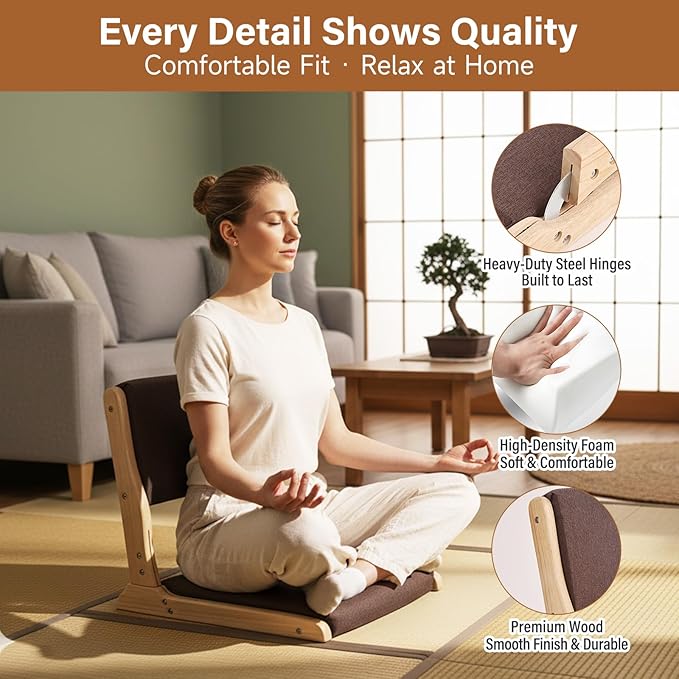 Tiita 2Pcs Floor Games Chair, Foldable Meditation Tatami Chairs, Backrest Chair with Cushion, Living Room Chair Seat, Wood Brown