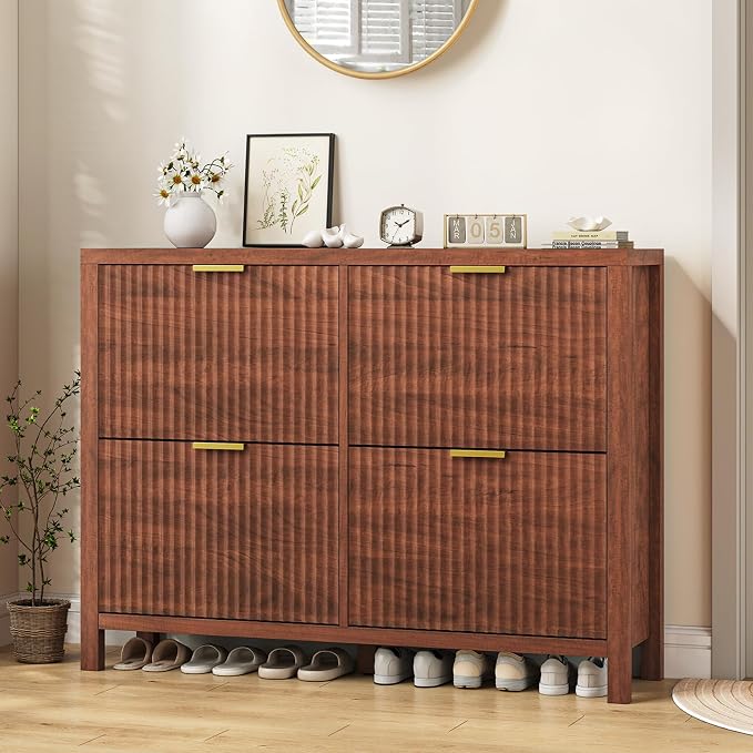 YOMILUVE Shoe Cabinet Storage for Entryway, Fluted Walnut Shoe Cabinet with 4 Flip Drawers, Hidden Shoe Rack Freestanding Wooden Shoe Organizer with Legs for Hallway by YomiluveDesign