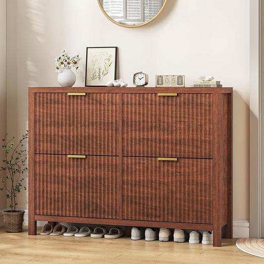 YOMILUVE Shoe Cabinet Storage for Entryway, Fluted Walnut Shoe Cabinet with 4 Flip Drawers, Hidden Shoe Rack Freestanding Wooden Shoe Organizer with Legs for Hallway by YomiluveDesign
