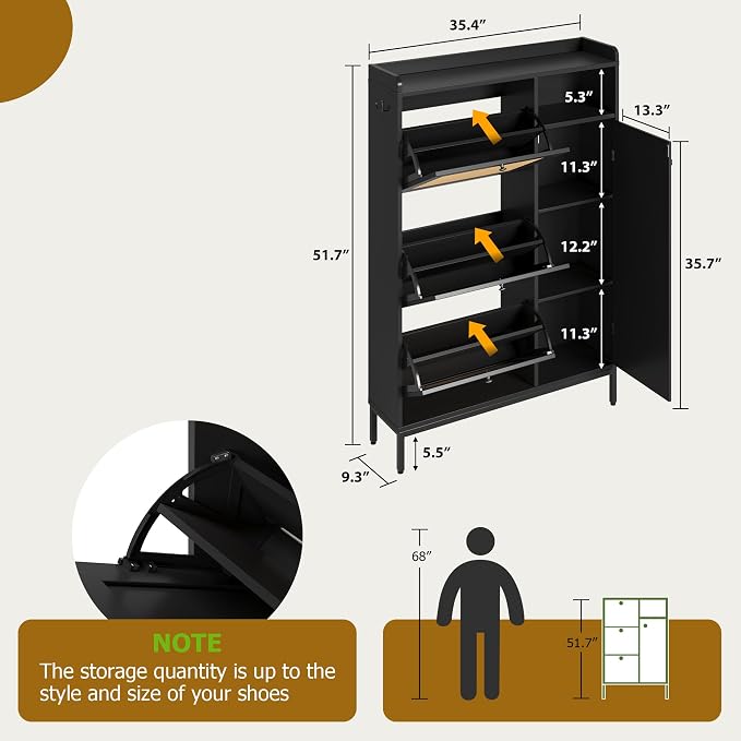 GarveeHome Shoe Cabinet Rattan with 3 Flip Drawers and 4-Tier Shoe Storage Cabinet, Freestanding Shoe Organizer with Adjustable Shelves for Entryway, Closet, Hallway (Black) - Image 2