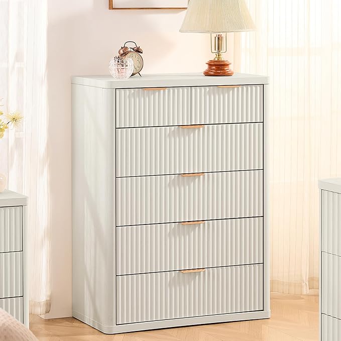 LEYAOYAO Fluted Dressers & Nightstand Set of 4, Wood 48" Wide Dresser & 42" Tall Chest of Drawers,Modern Bedroom Furniture Sets,White Wooden Nightstand Set of 2 with 2 Drawers & Charging Station