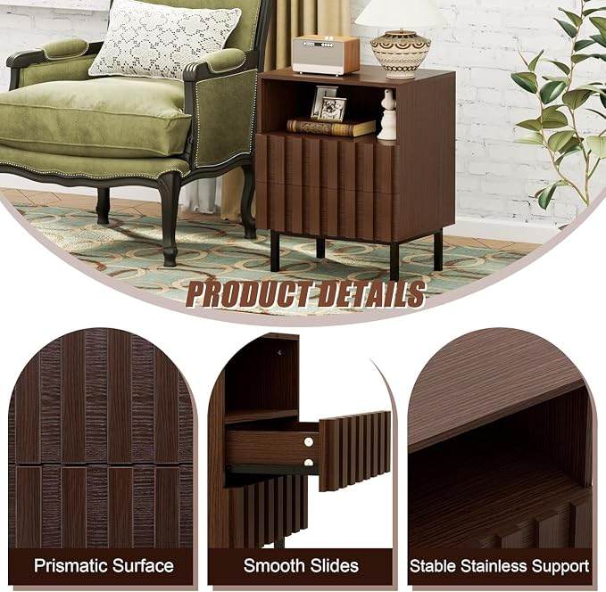 UEV Mid Century Modern Fluted Nightstand Set of 2, 2 Drawers End Table with Storage Space, Accent Solid Wood Bedside Table for Bedroom, Living Room (Brown, Set of 2) - Image 5