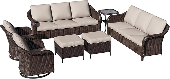 8 Piece Patio Wicker Conversation Set, All-Weather Use Outdoor Wicker Sofa with 2 PE Rattan Ottomans,4 Swivel Chair, 1 Side Table, Ideal for Porch, Backyard, Balcony, Poolside, Beige