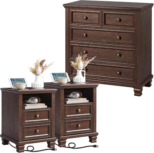 SAVOR LIFE Farmhouse Dresser and Nightstand Sets of 3, 5 Drawer Dresser & 2 Drawer Nightstand, Rustic Brown Bedroom Furniture Set for Home, Bedroom, Hallway, Walnut