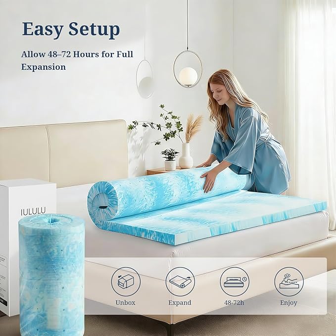 IULULU Twin XL Size Mattress Topper, 4 Inch Gel Memory Foam Topper, Plush Comfort & Pressure Relief, CertiPUR-US Certified