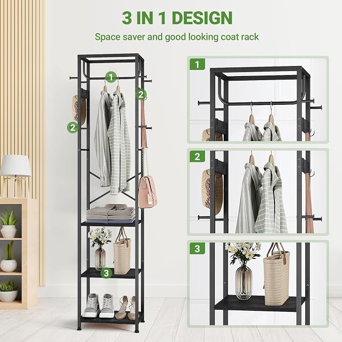 ELYKEN Coat Rack Freestanding, Hall Tree with 3 Storage Shelves and 12 Hooks, Metal Clothes Rack Stand Organizer for Bedroom, Hallway, Entryway, Office, Living Room, Black - Image 9