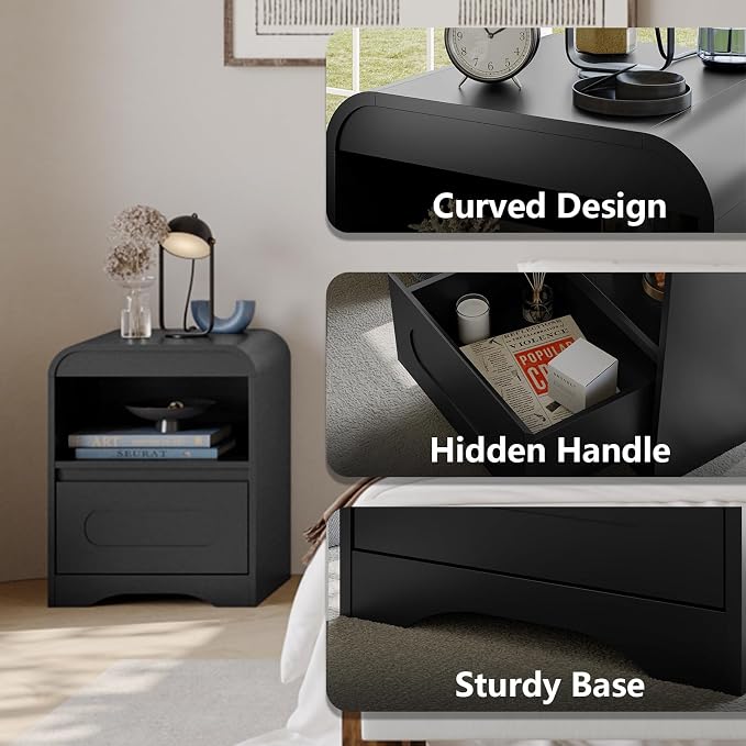 Night Stand [Curved Profile] Nightstand with 1 Drawer and 1 Storage Black Bed Side Table End Table Large Modern Wide Bedside Stand Tall Night Stands for Bedroom Living Room Sofa Couch Home Office - Image 6