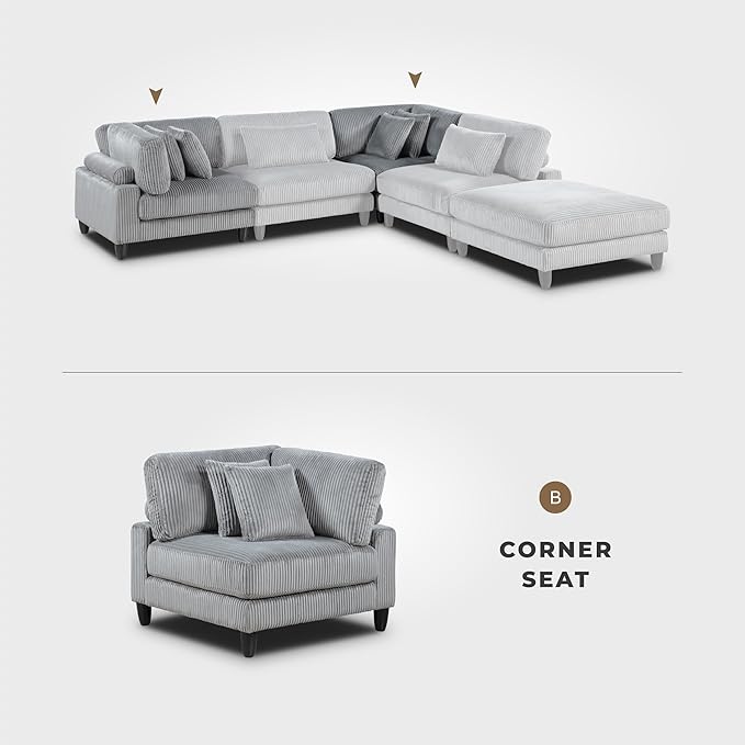 Lexicon Modular Sectional Sofa for Living Room, Corduroy Fabric Upholstery Corner Seat with 2 Pillows, Units of Modular Sectional Couch, Upholstered Chair for Customizable Sectional Sofa Couch, Gray