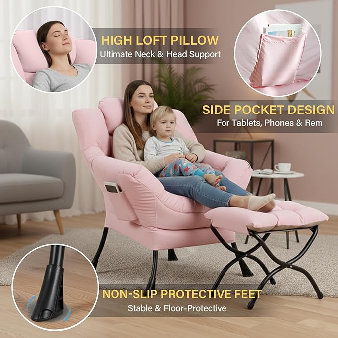 Cozy Lazy Chair with Ottoman, Large Contemporary Accent Peach Pink Chair Set, Leisure Upholstered Reading Armchair for Office, Bedroom, Living Room, Dorm Rooms, Balcony