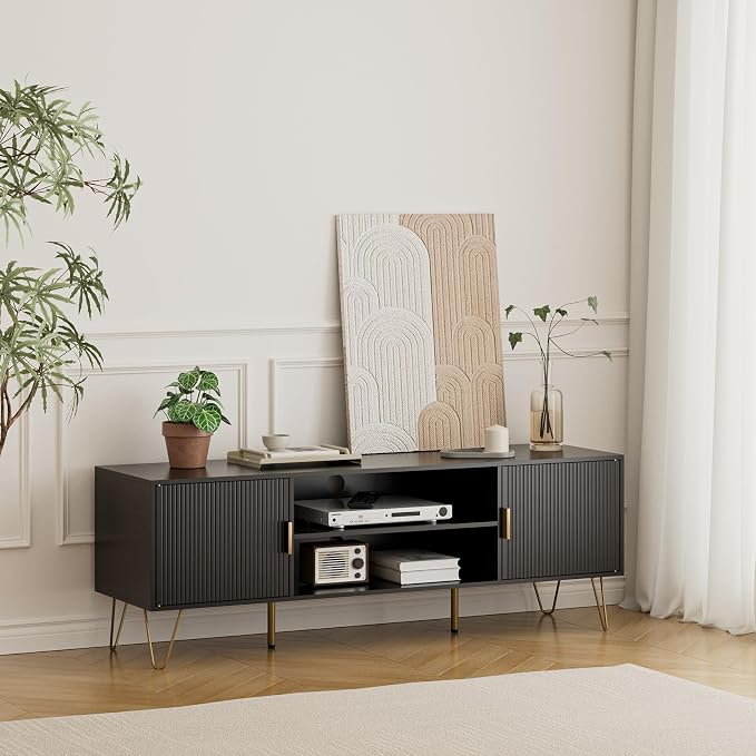 TV Stand for 55-65 inch TV, Entertainment Center with Soft Hinge Door,TV Console Table with 2 Cabinets with Gold Handle and Feet,for Living Room, Bedroom, Black - Image 8
