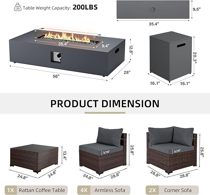 UPHA 9 Pieces Patio Furniture Sets, Wicker Outdoor Sectional Sofa Couch with Rectangle Propane Pit for Deck Backyard Garden, Brown Rattan, Dark Gray Cushion