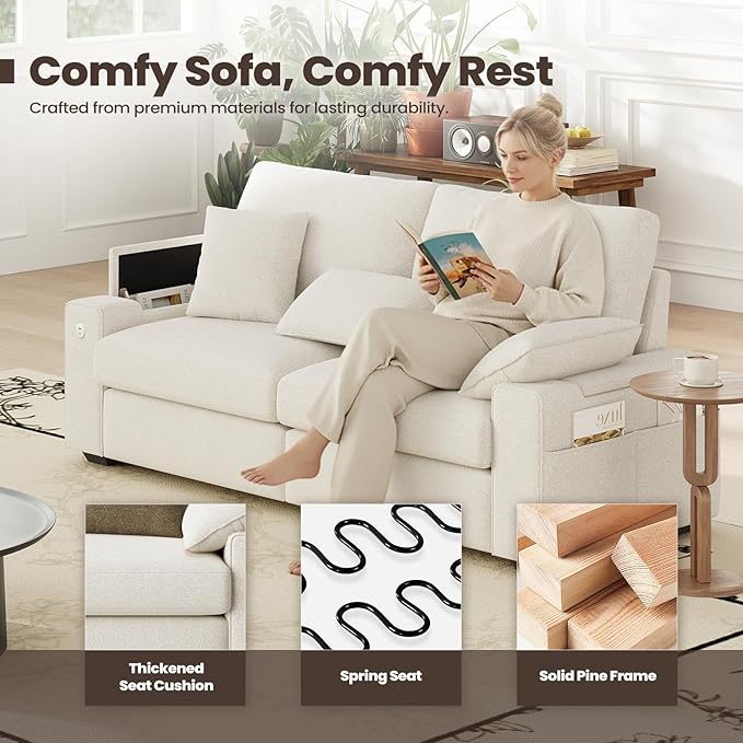76" Loveseat Couch, 3 Seater Upholstered Midcentury Mondern Love Seat with USB Type C Ports, 4 Pillows and Storage Armrest Cloud Foam Sofa for Living Room/Small Spaces, Beige | Breathable material