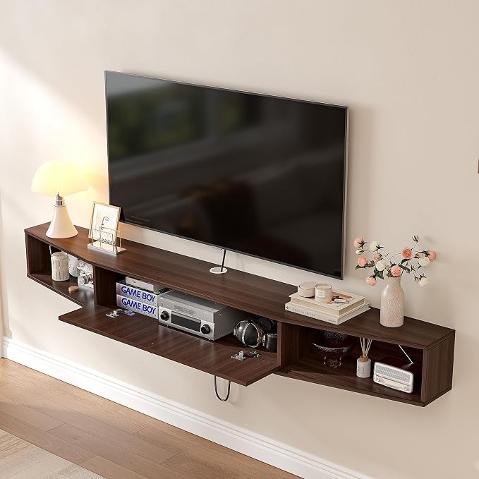 47 inch Floating TV Stand,Plywood Wall Mounted Entertainment Center with 1 Door & 2 Open Cabinets,Floating Media Console with Wire Holes,Hanging TV Shelf for Living Room, Bedroom Walnut - Image 3