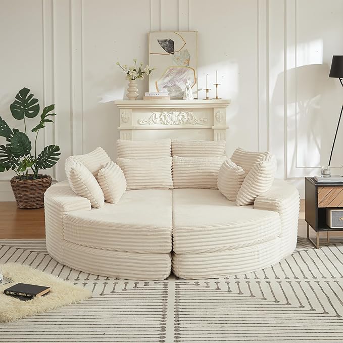 ERYE Oversized Round Sofa Chaise Daybed Comfy Corduroy Couch Boneless Sleeper Recliner Sofabed with 10 Pillows and Headrests