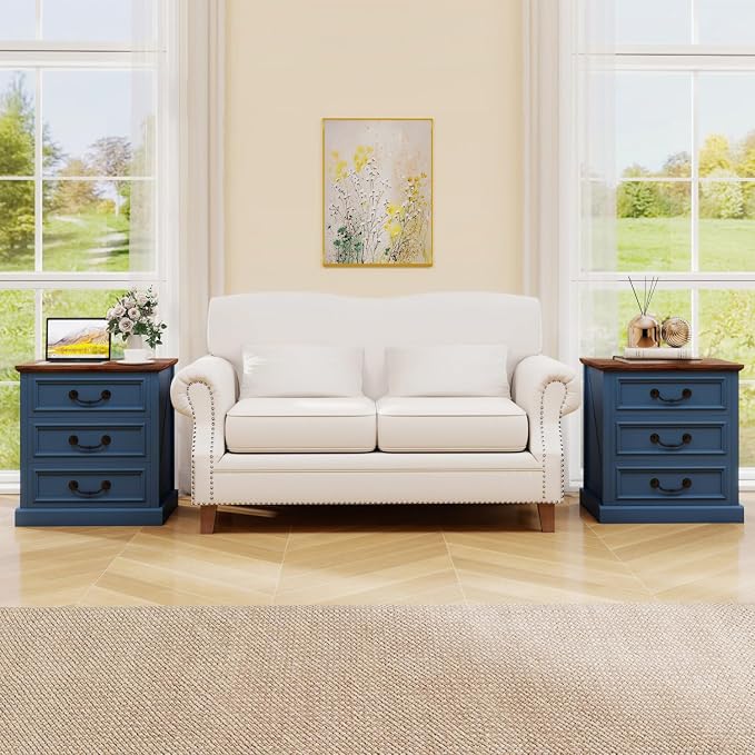 Vipbear 22" Nightstand with Charging Station 3 Drawer Large Blue Farmhouse Night Stand Wood Rustic Bedside End Table with Vintage Smile Handles Storage Space for Bedroom,Closet - Image 9