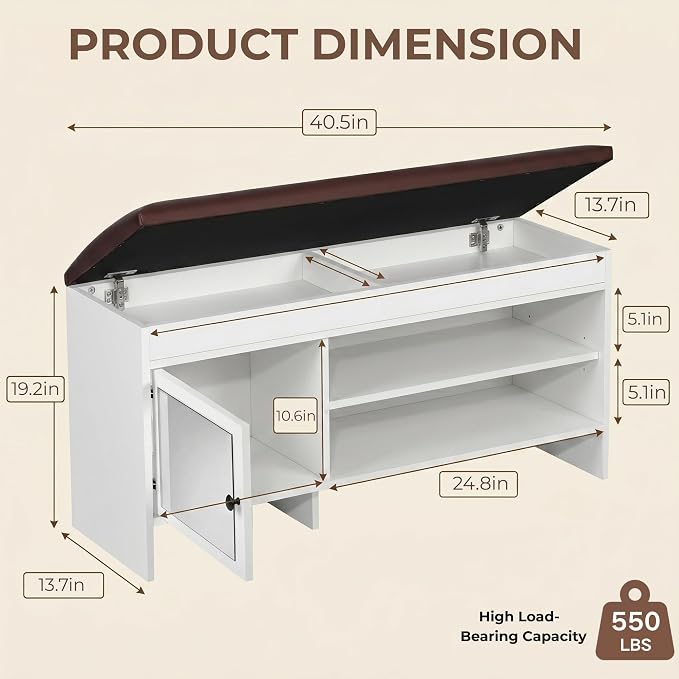 Shoe Bench with Storage - Lift Top Entryway Bench with Hidden Storage, Bench with Adjustable Shelves and Cushioned Seat, Wood Storage Bench for Entryway Mudroom, Bedroom End of Bed, Hallway,40.5in - Image 2